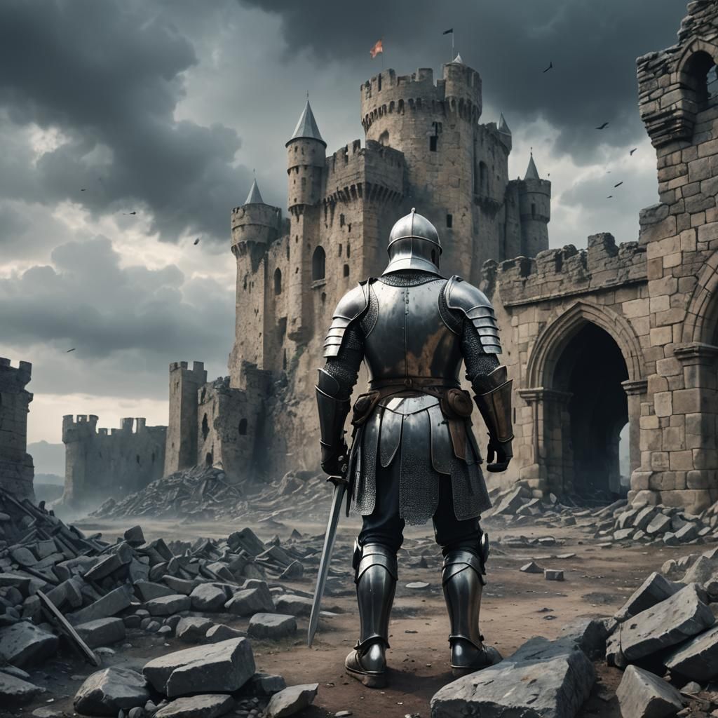 A medieval knight standing in the ruins of a castle. The enemy army is reflected in the visor.