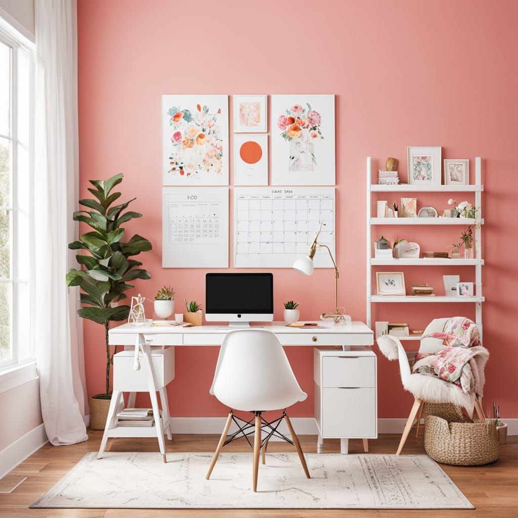 Modern Feminine Workspace with Soft Red Walls and White Furn...