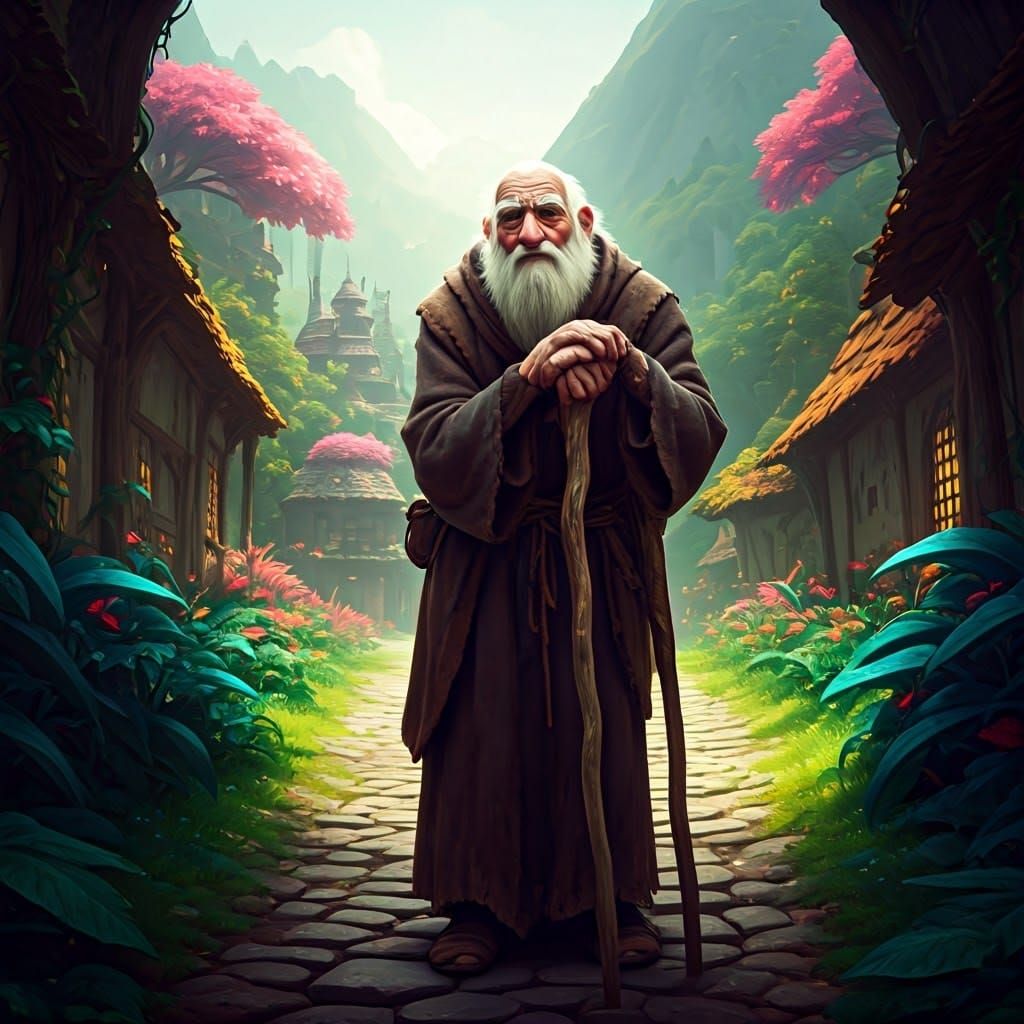 Elderly Sage Leans on Staff in Whimsical Village