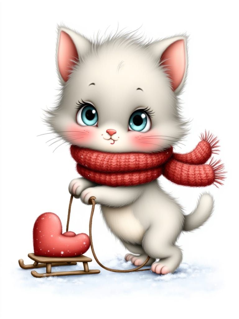 Full body sweet Maincoom kitten, wearing a red knitted scarf, gently pulling a heart-shaped sled, clean and crisp lines, isolated on a white...