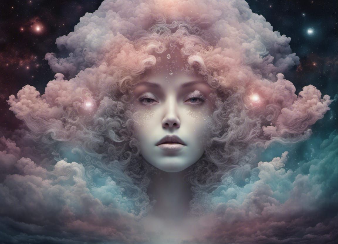 Cinematic wideshot Foreboding Pearlescent coloured cloud+face+moon ...