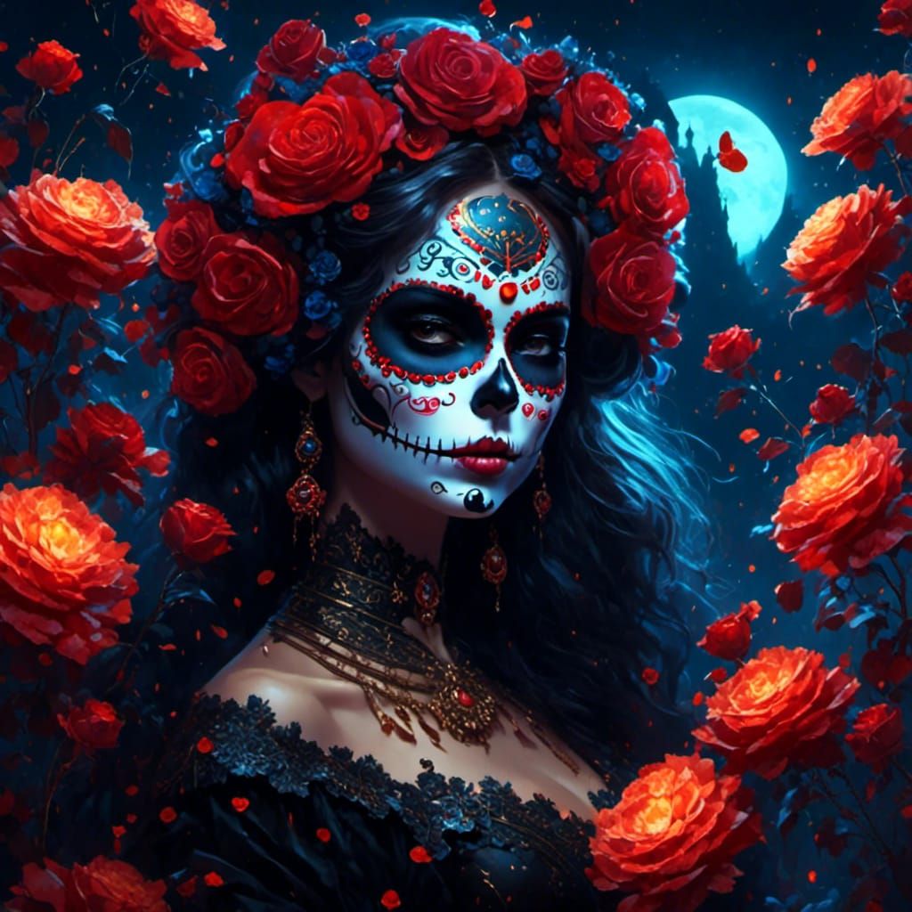 <lora:Midnight Chaos:1.0> intricate cute catrina as dia de los muertos on bioluminescent black glow roses field:: soft lighting :: sharp foc...