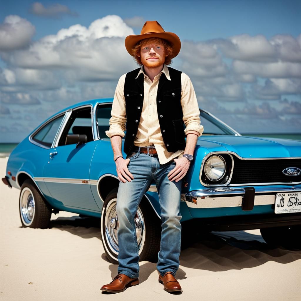 Ed Sheeran wearing a cowboy hat standing next to a Ford Pinto at a car ...