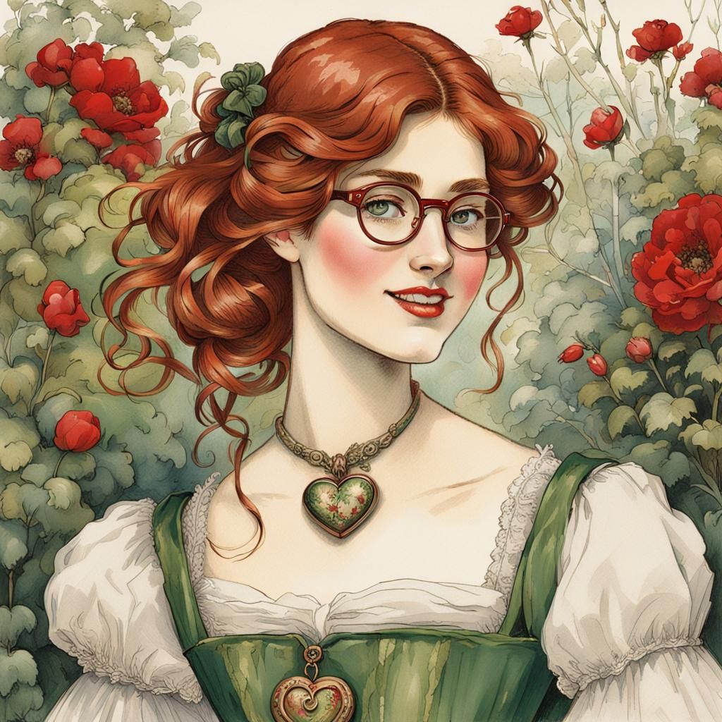 well detailed young woman, long flowing auburn hair, green e...