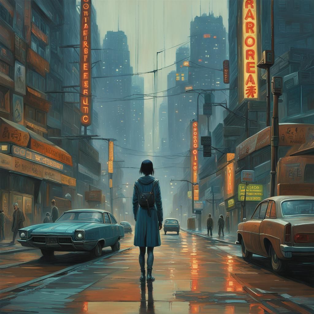 Oil painting, clair obscure, Confused cyborg girl standing i...