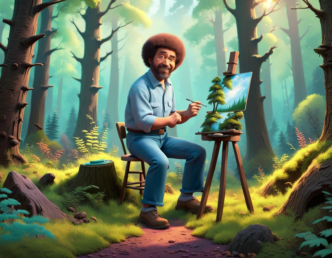 Bob Ross painting a fabulous woodland scene, Pixar, Disney, concept art ...