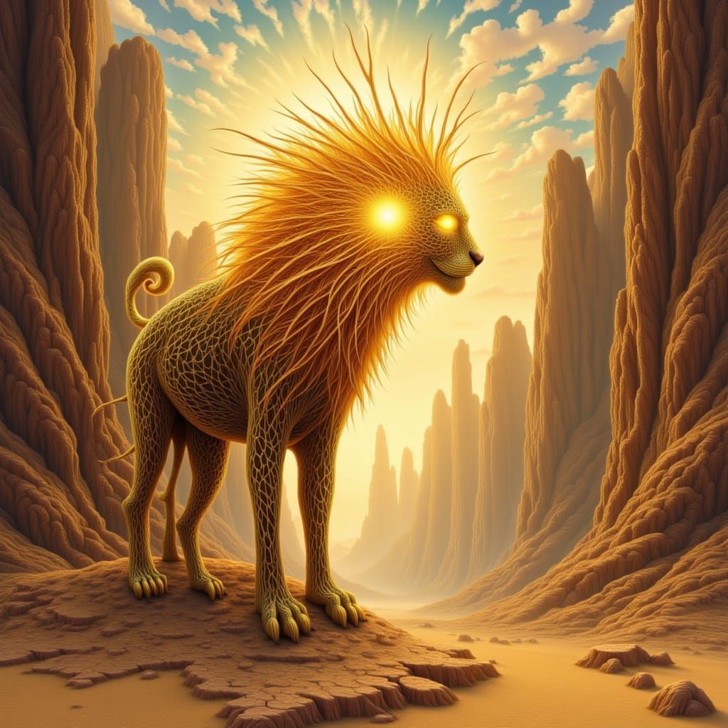 <lora:Bliss Fire:1.0> EXQUISITELY BEAUTIFUL STYLIZED SURREAL HIFI LION CREATURE IN THE DESERT ARCHED CLIFFS MASTERPIECE