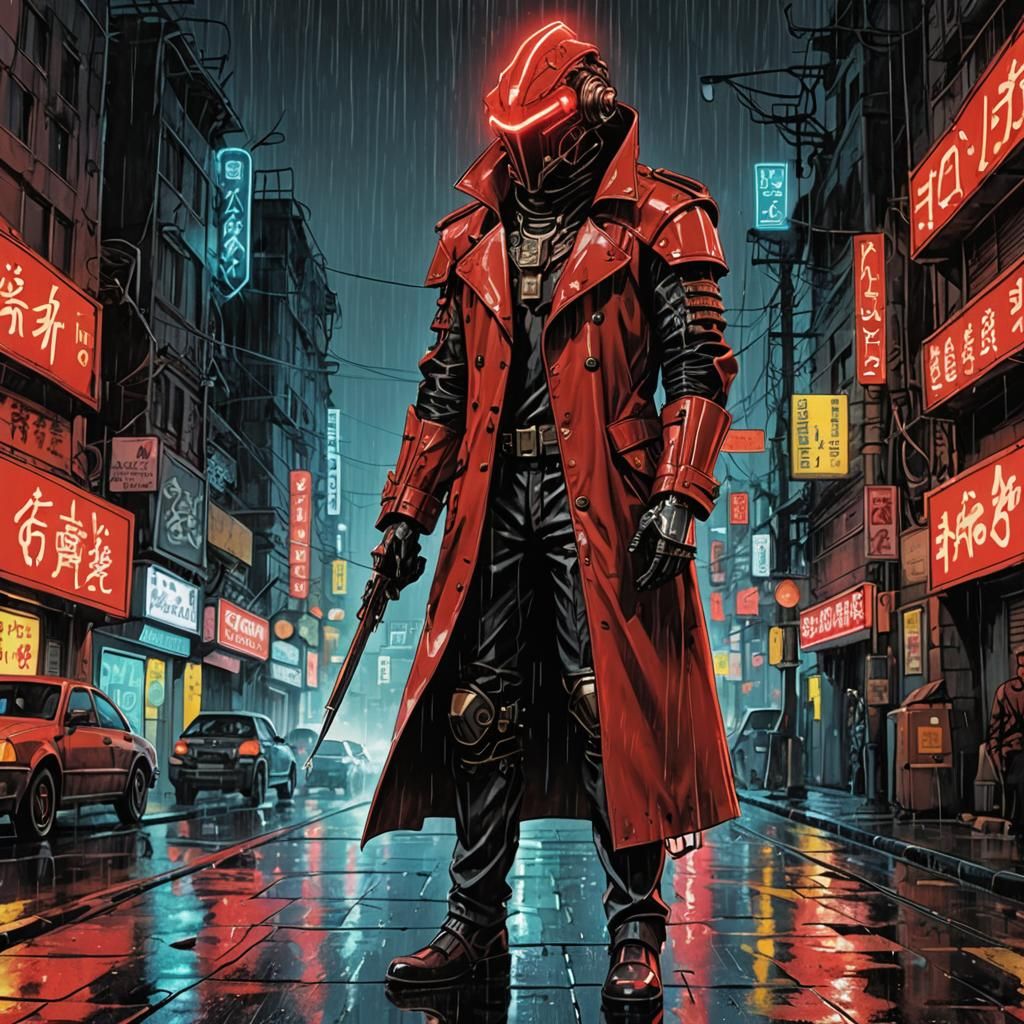 Cyborg knight with pyramid shaped mechanical helmet in a red...