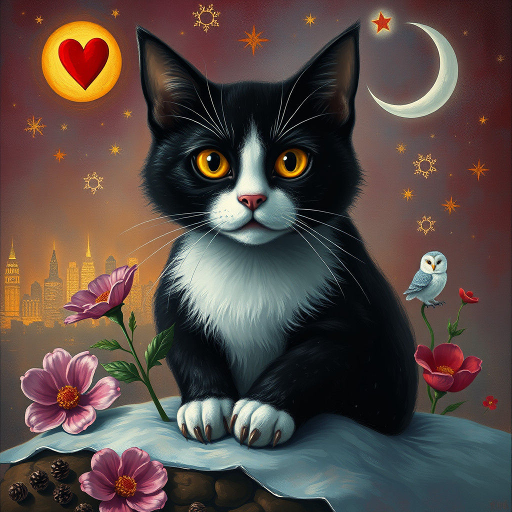 in the style of joan miro
Imagine a dead cat, a bit eerie, w...