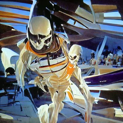 Scary skeleton astronaut in space Syd Mead