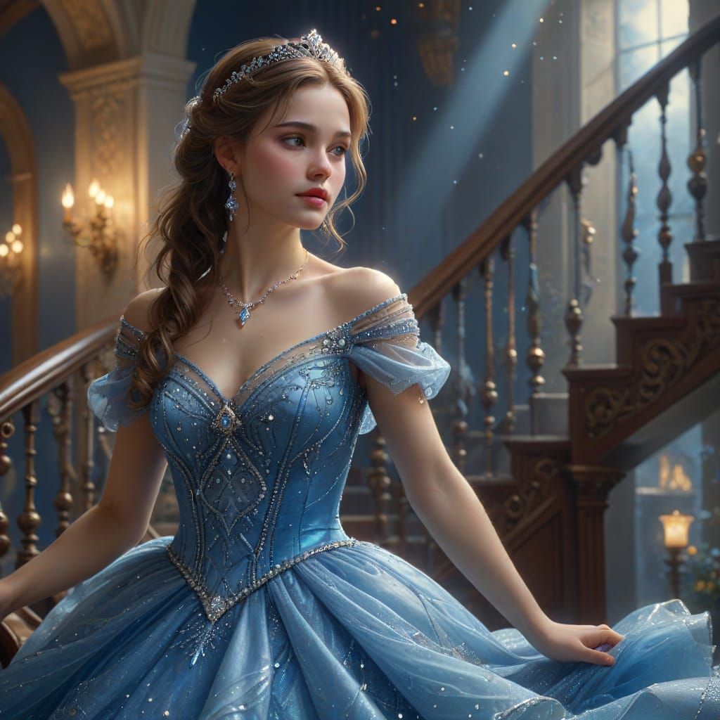 A beautiful princess in a blue flowing princess dress with detailed stiching and diamonds, going down ...  by @April