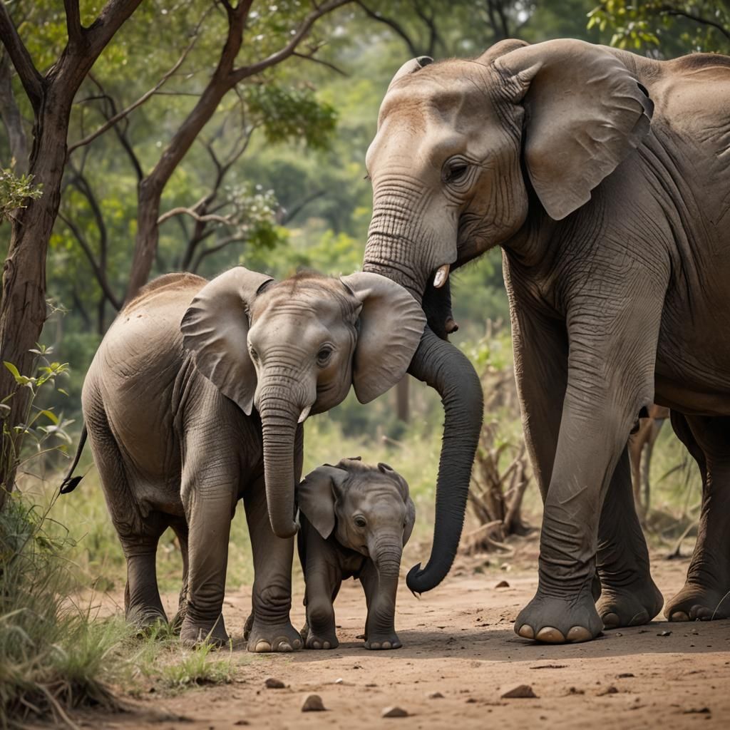 young elephant with their mother in the natural environment