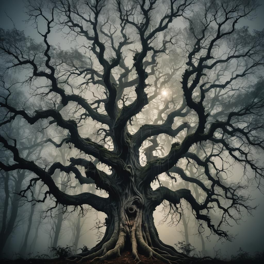 Mystical Ancient Tree in Moonlit Forest