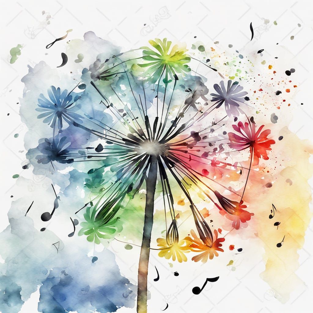 Watercolor. Close shot of blowing dandelion seeds that are colorful music notes flowing away from the ...  by @Gramma_to_2