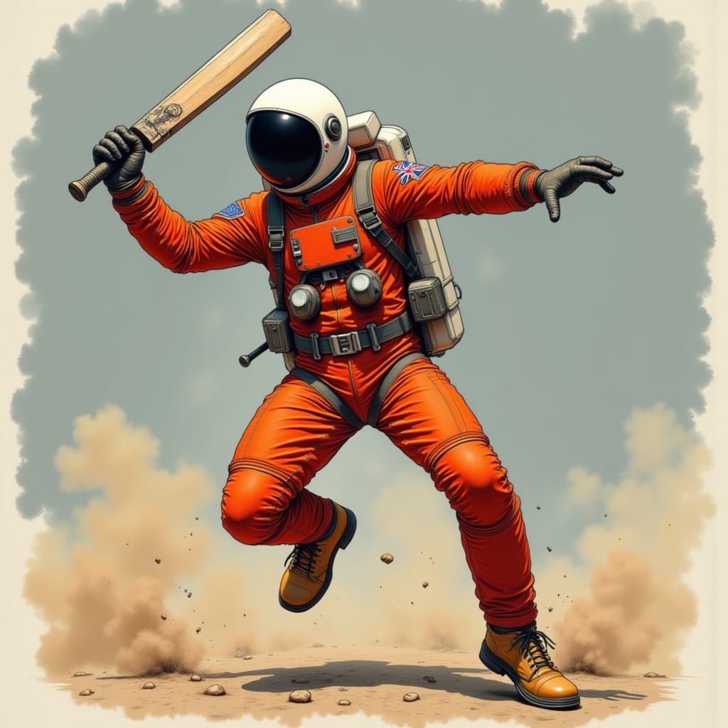 Spaceman in burnt orange spacesuit, black visor, white helmet, swinging a cricket bat like a sword <lora:Caffeine Spacemen:1.0>