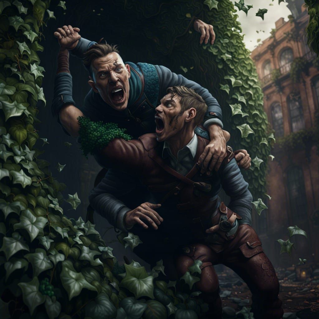 Ivy spreading over a man holding a man to the ground screami...