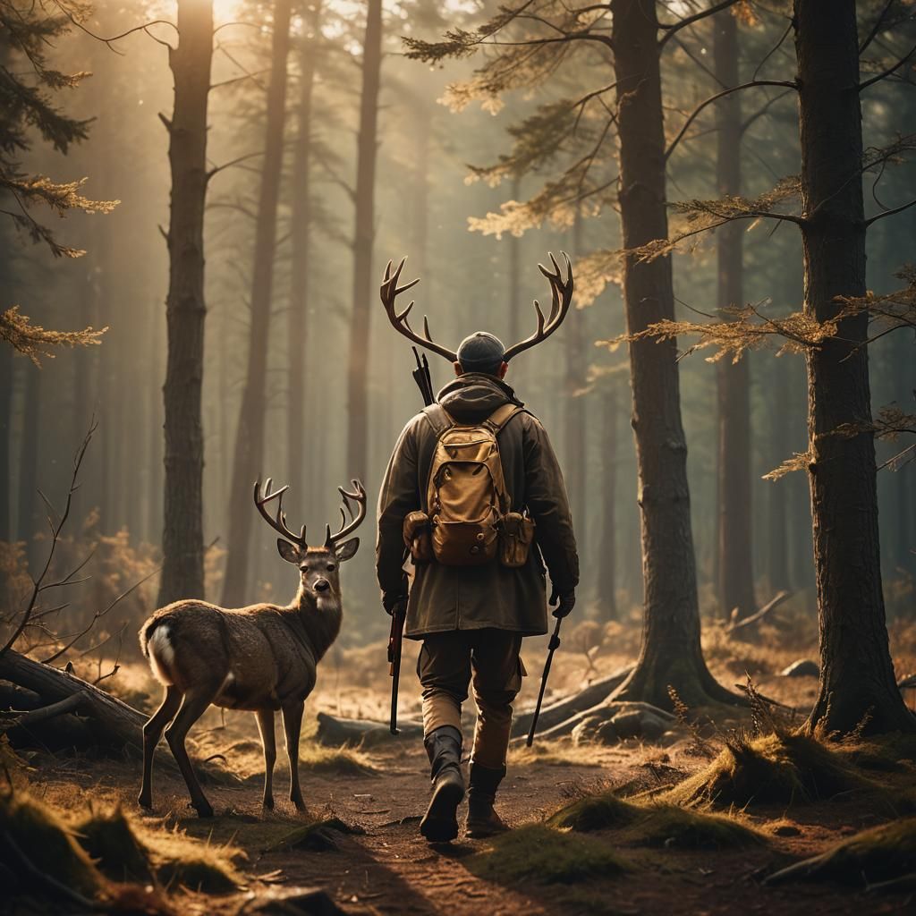Hunter in Wilderness Pursues Deer: Cinematic Film Still