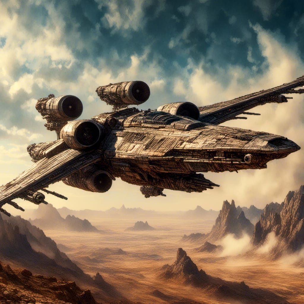 <lora:Barbarian Hero Style:1.0> Star Wars falcon Millenium and X--Wings 