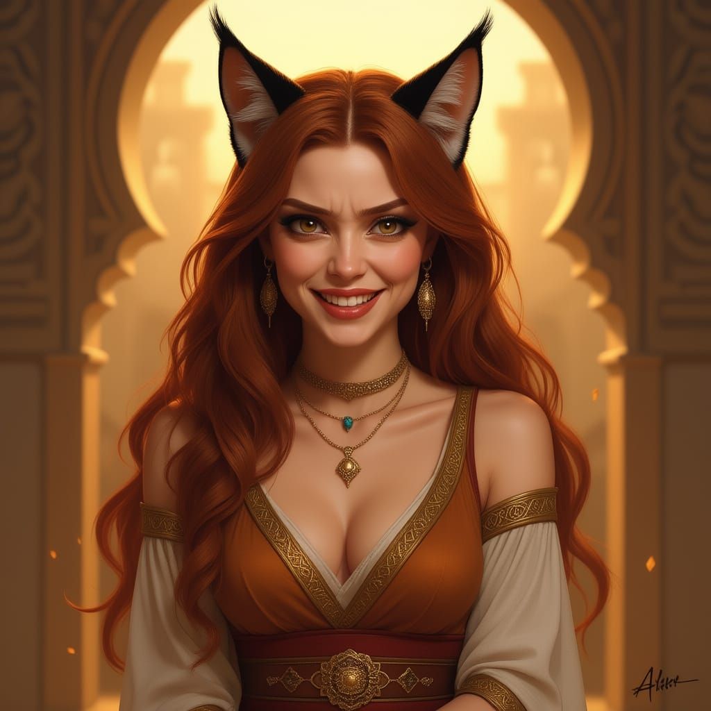 A highly realistic digital painting of a youthful bubbly feline anthropomorphic woman with playful expression, long copper-red hair with a s...