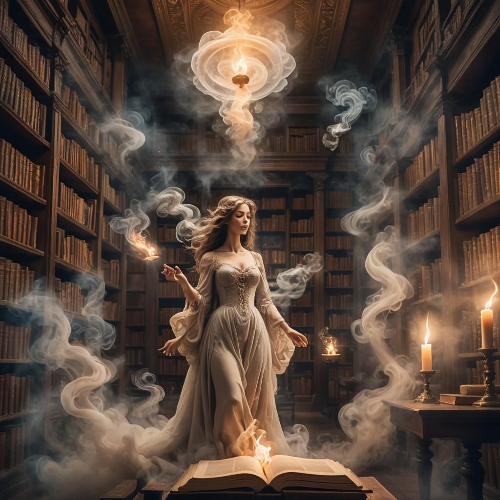 ghostly feminine figure made of swirling smoke and celestial...