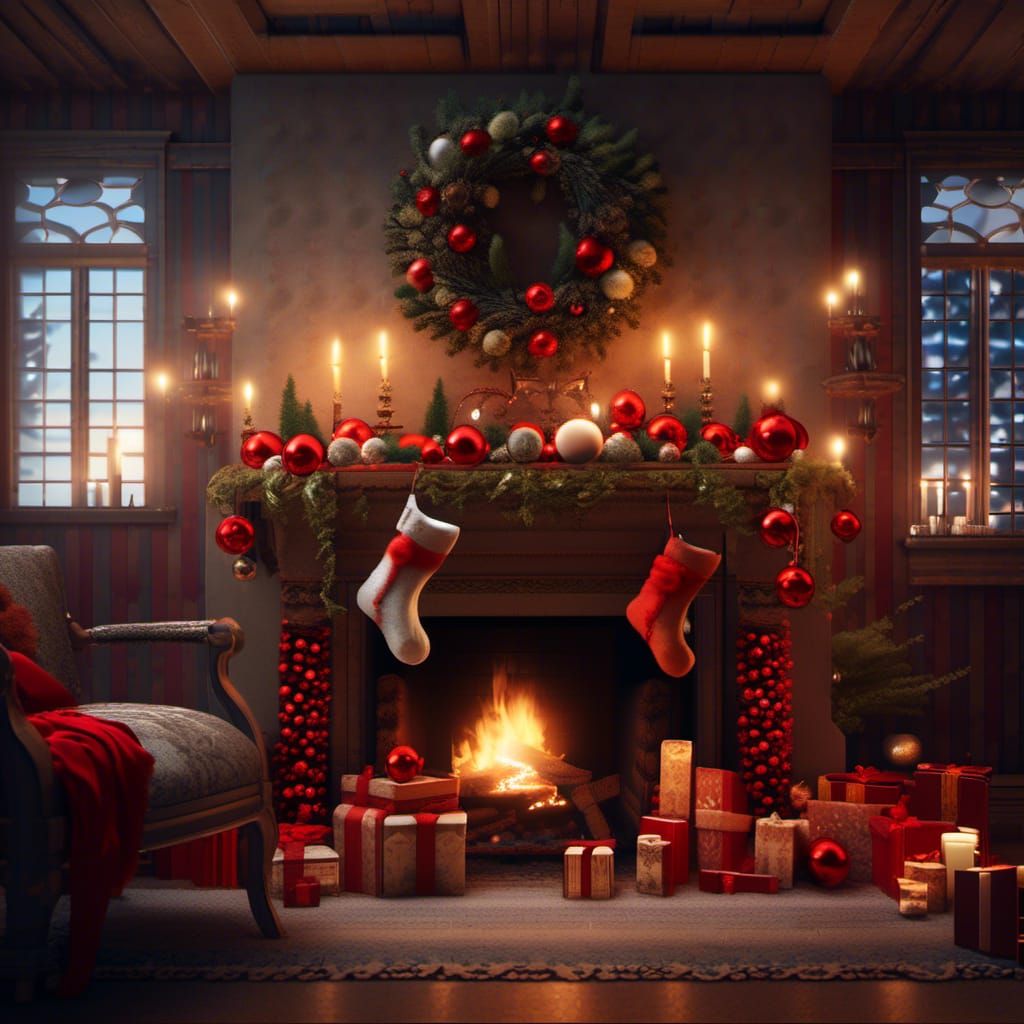 fireplace with beautiful flame lit, decorated with pine and ...