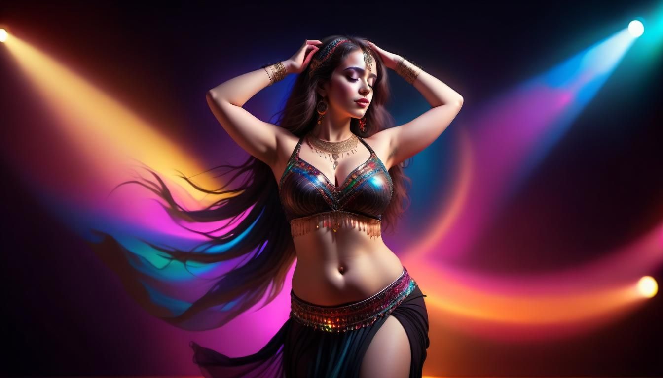 curvy  lady belly dancing to her favorite song, dark stage, ...