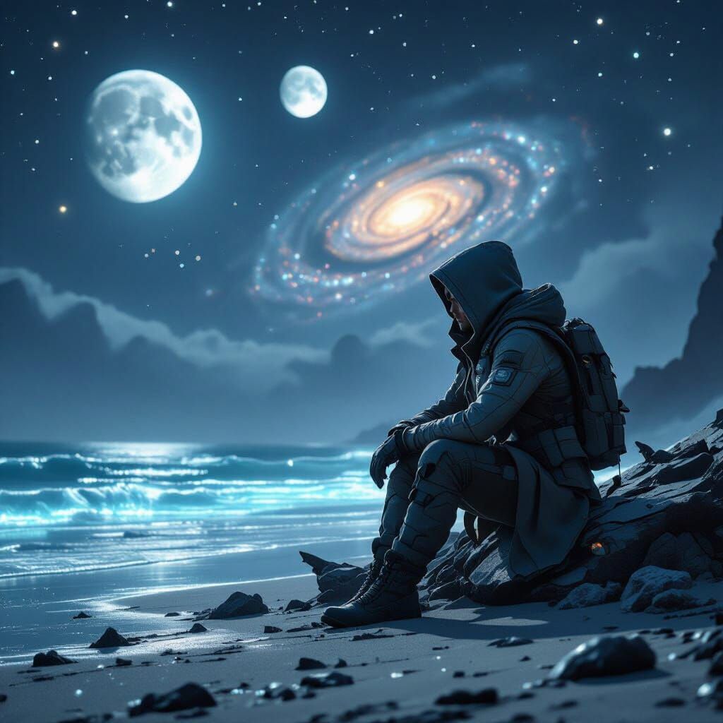 Create a hyper-realistic cinematic image inspired by the uploaded photo. Depict the same person, but viewed from a side or back angle, sitti...