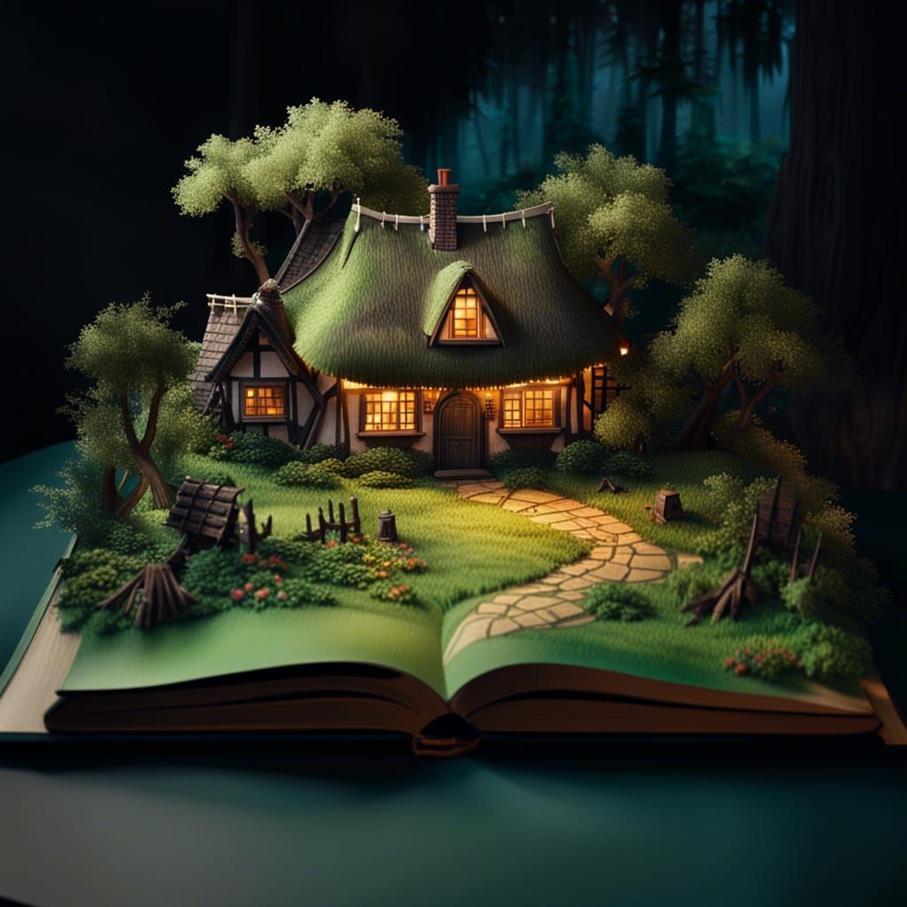pop-up book of a thatched roof cottage in the forest Epic cinematic brilliant stunning intricate meticulously ...  by @Abby Rexroth