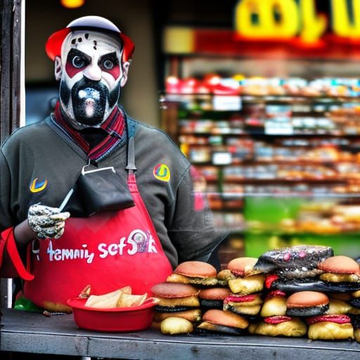 depressed clown with an axe selling hamburgers to small cats...