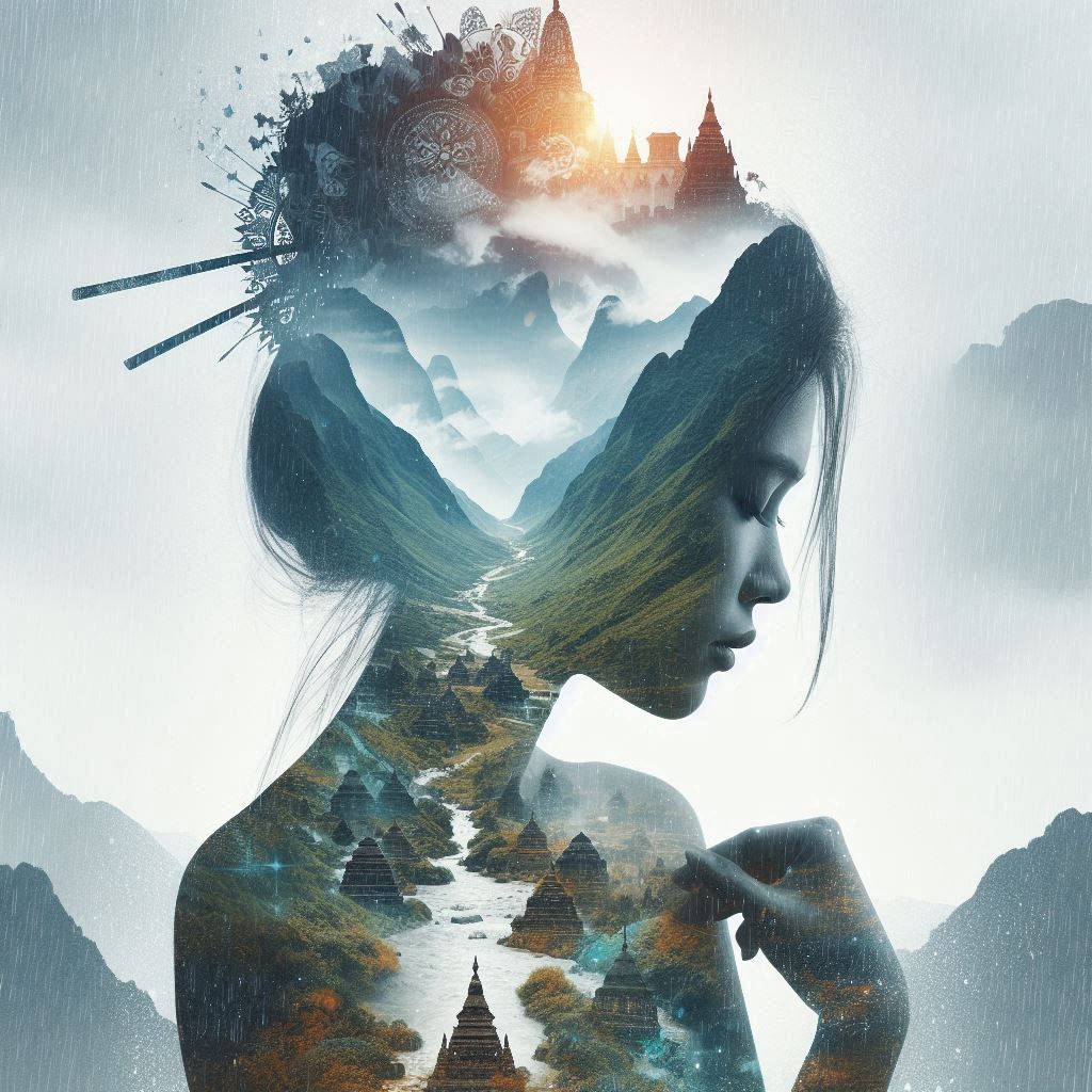 double exposure beautiful fantasy DALL-E 3 portrait landscap...