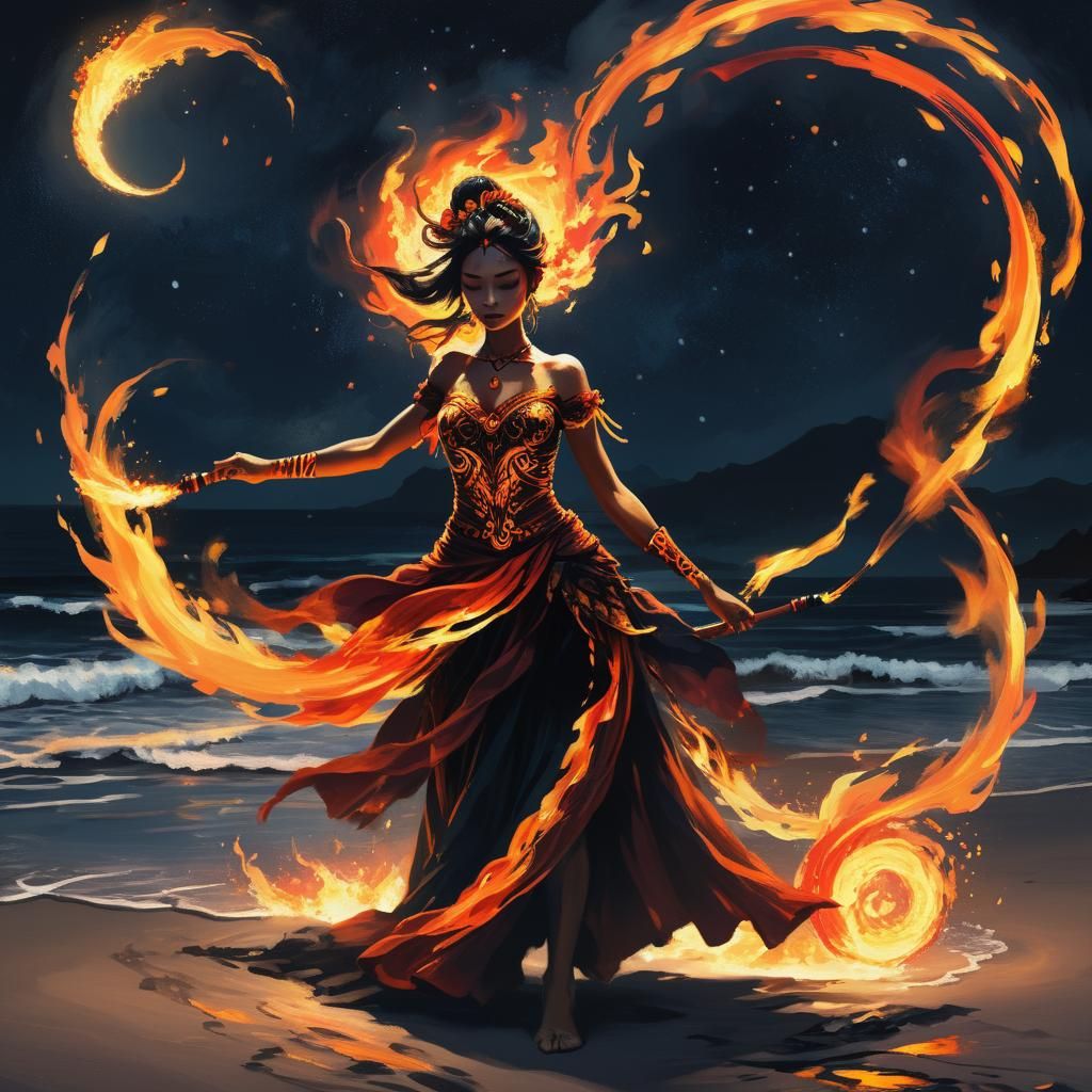 Fire Dancer on Moonlit Beach in Dark Fantasy Style