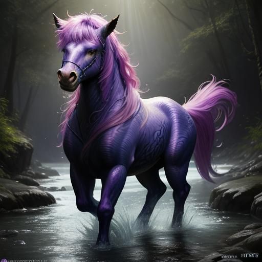 hyper realistic cute fluffy purple and pink kelpie-horse fan...
