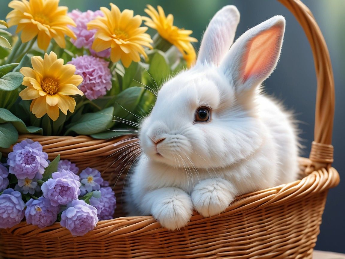 Cute Bunny and Flowers in a Basket