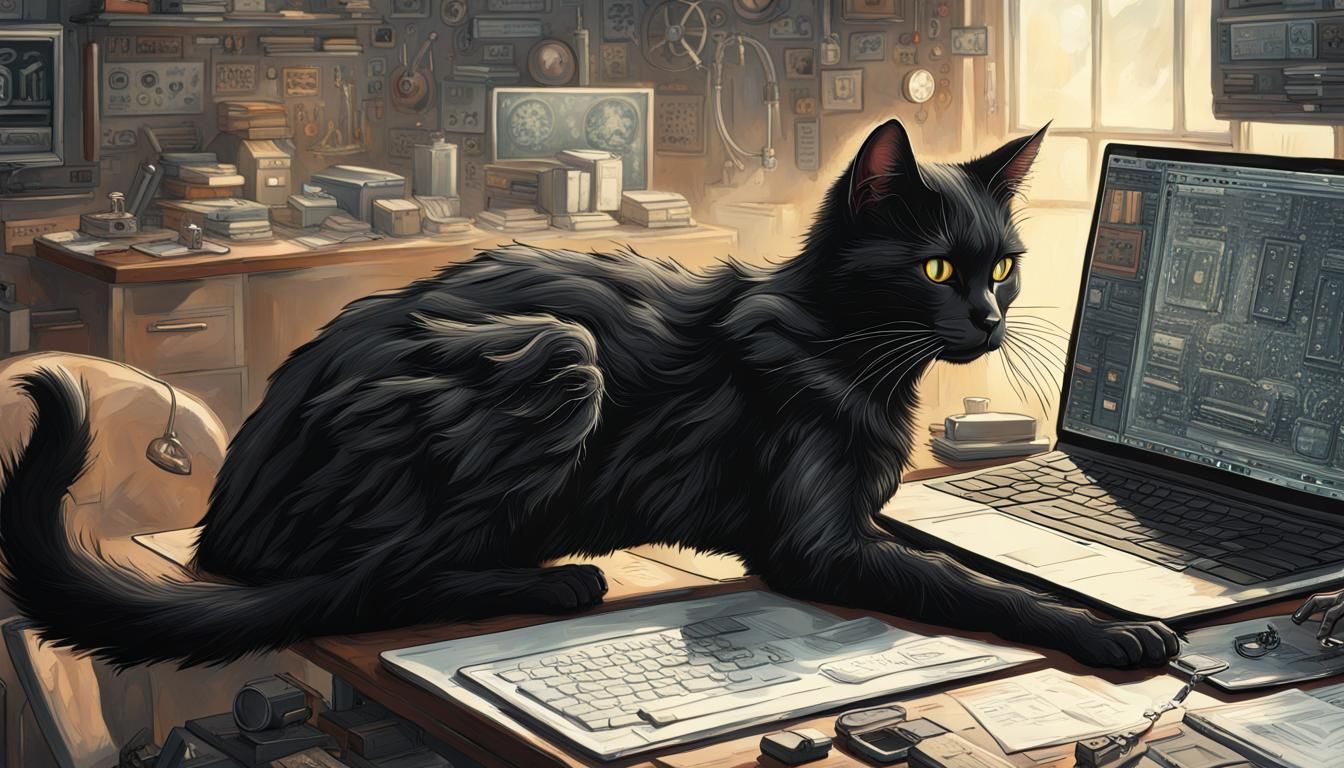 A gorgeous detailed black cat programming on an advanced lap...