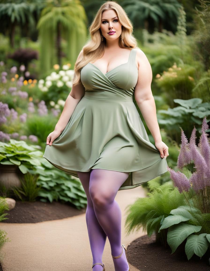 Curvy blonde woman wearing green dress and purple tights posing in  botanical garden - AI Generated Artwork - NightCafe Creator