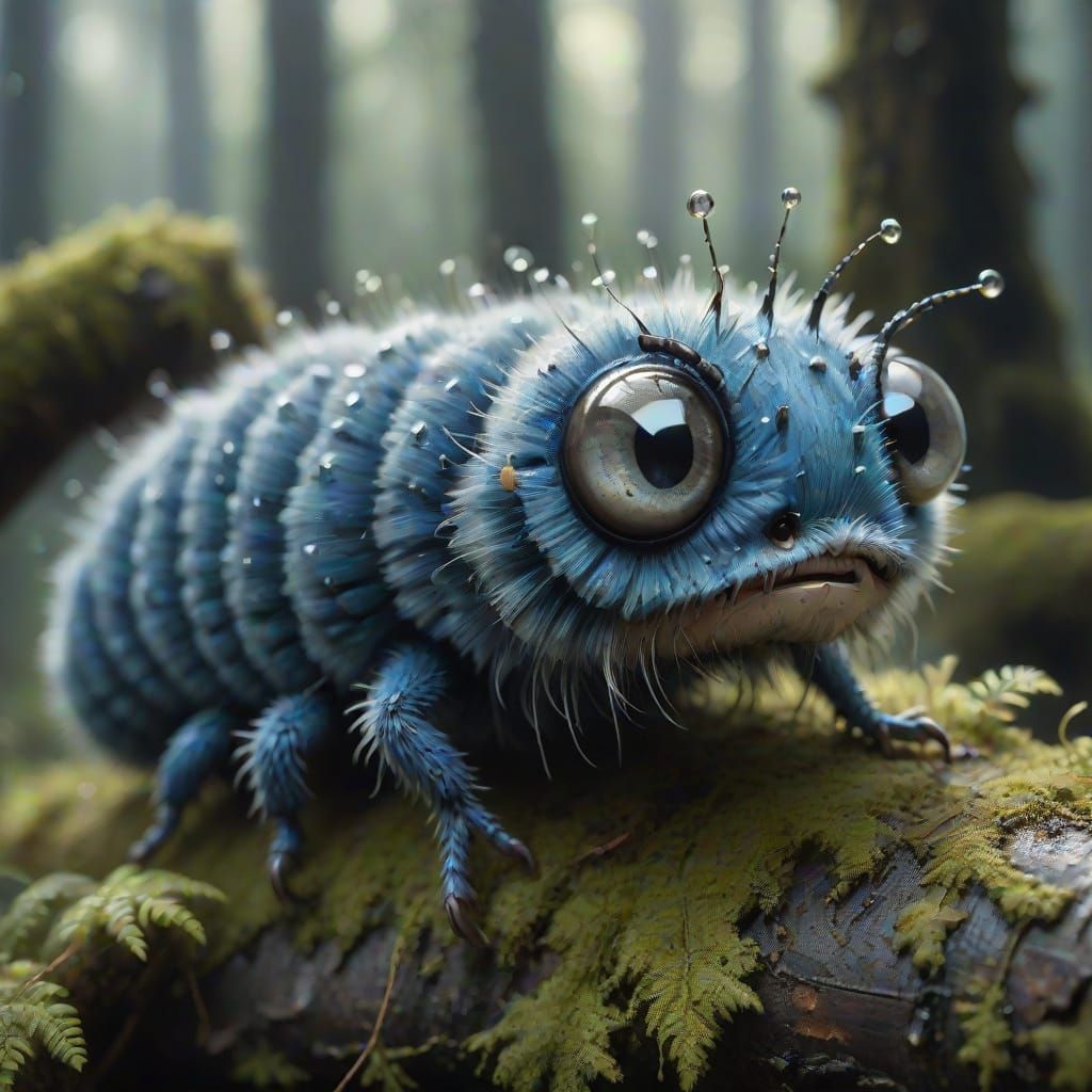 A fluffy larvae covered with morning dew.  by @Terra