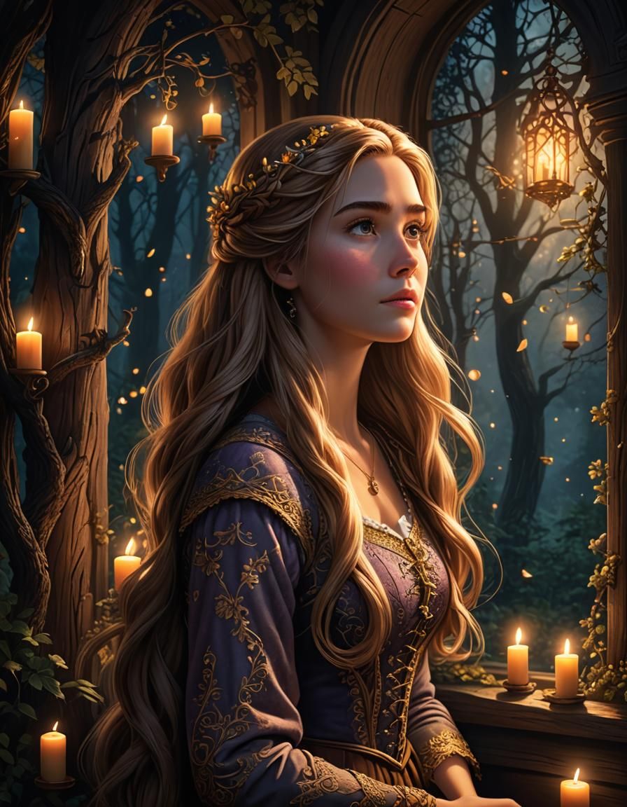 Rapunzel Dreams of Freedom in Dark Woods