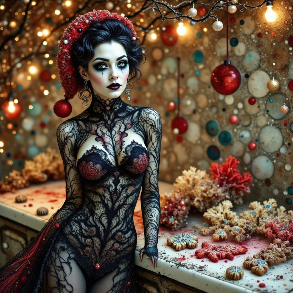 <lora:Alcoholic Inks:1.2> A stunning portrait of a goth woman with pale skin and dark makeup, wearing an intricate black lace outfit paired...