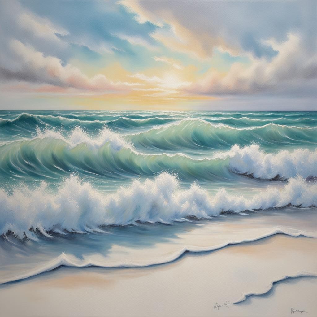 pastel artwork of waves crashing at a white sandy beach, beautiful ...