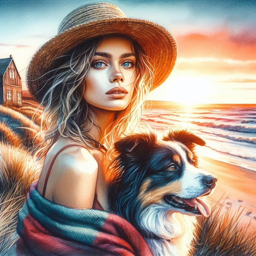 Stunning watercolor painting, Young woman by the sea