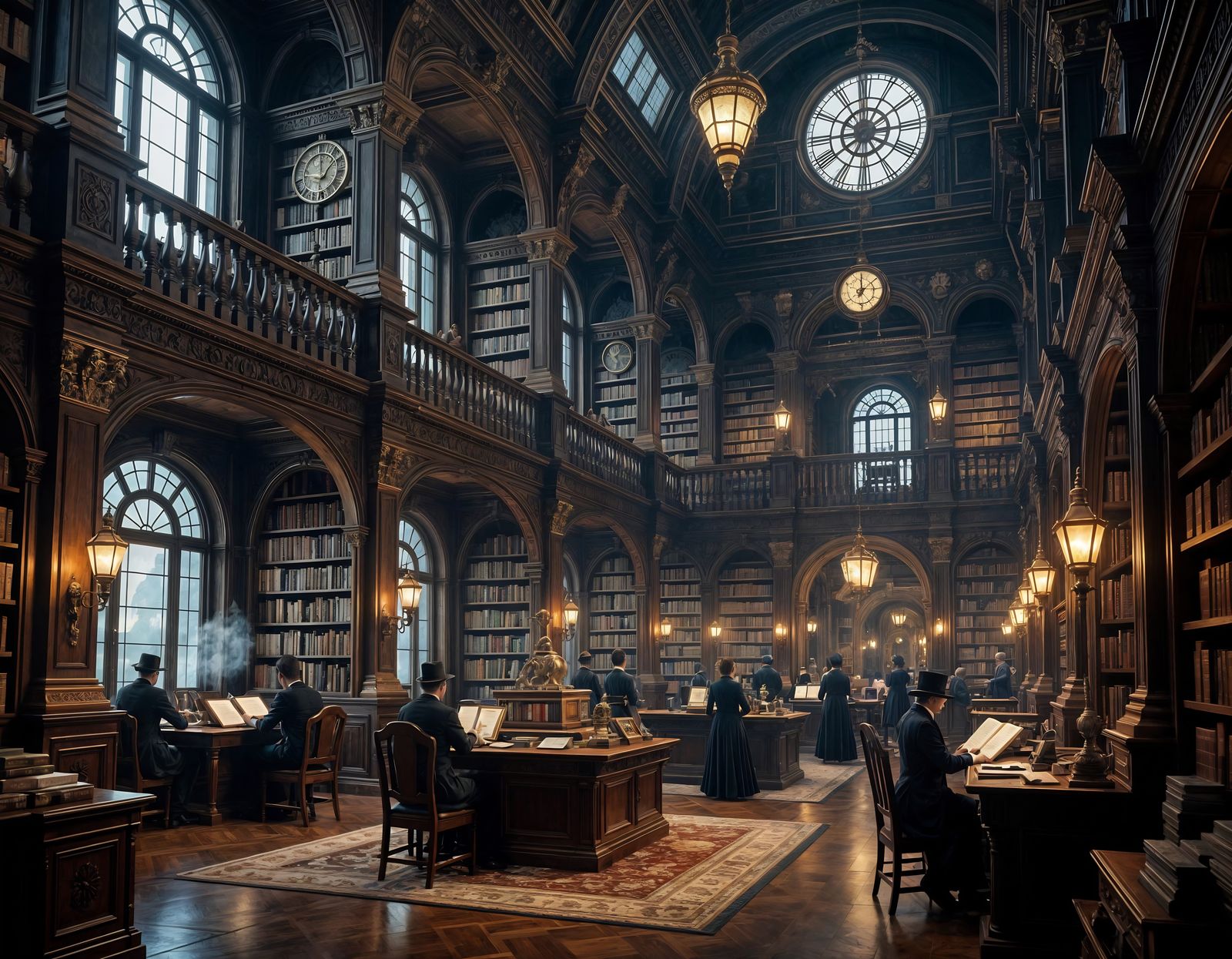 A grand library in a Dutch Caribbean steampunk city  by @MARIUS CHIVU