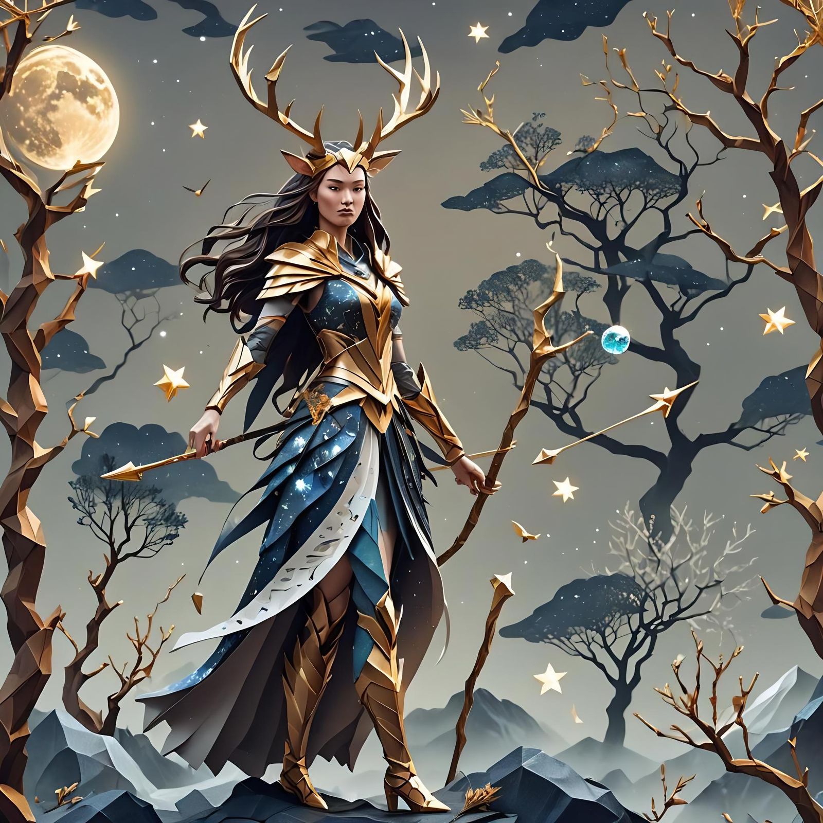Astral Warrior Woman in Origami Papercraft Style
