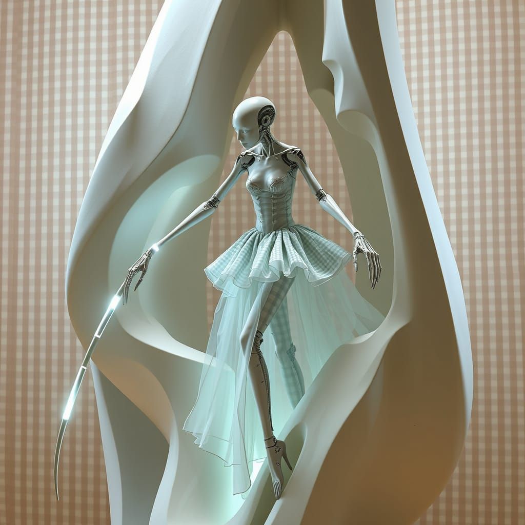 Ethereal Biomechanical Being in Gingham Tutu