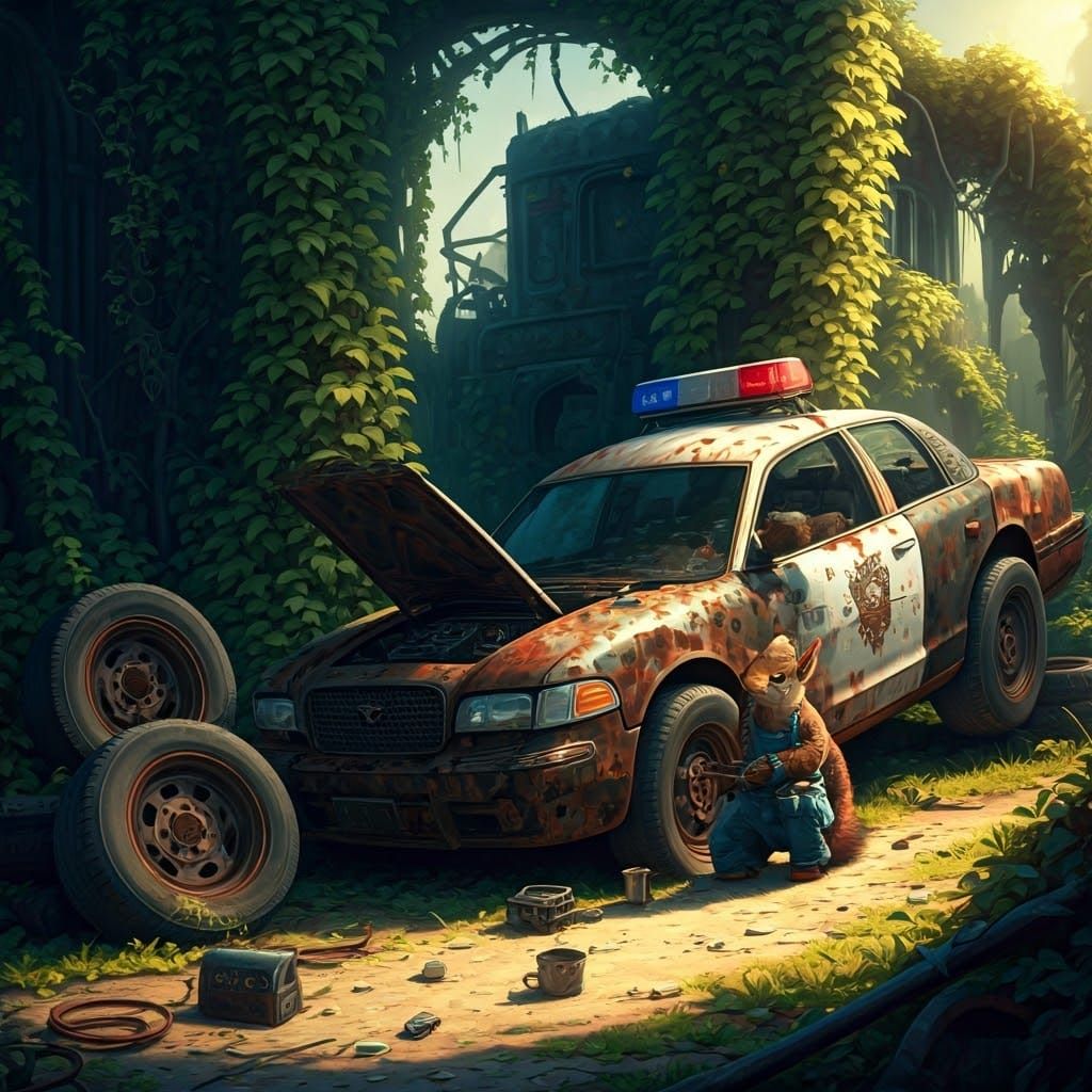 Squirrel mechanic fixing a crown vic police car