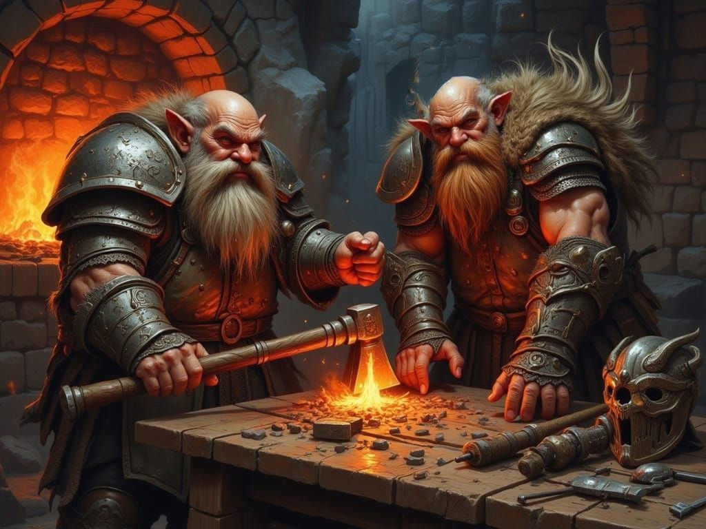 Dwarves  hard at work in a blacksmith's foundry.