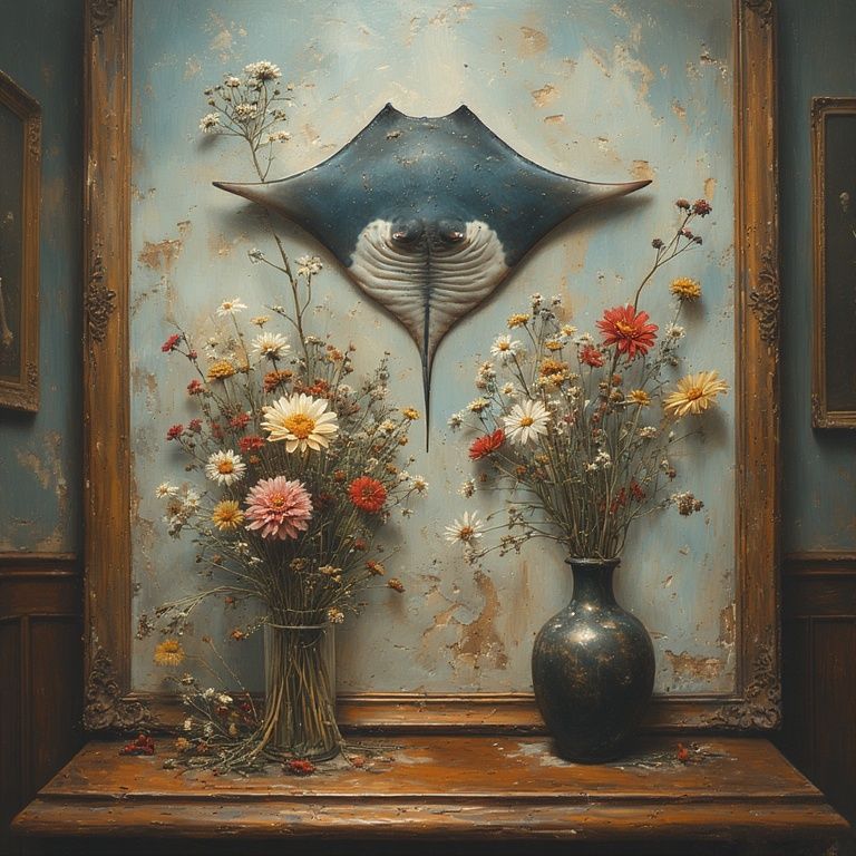 Manta ray over straw flowers