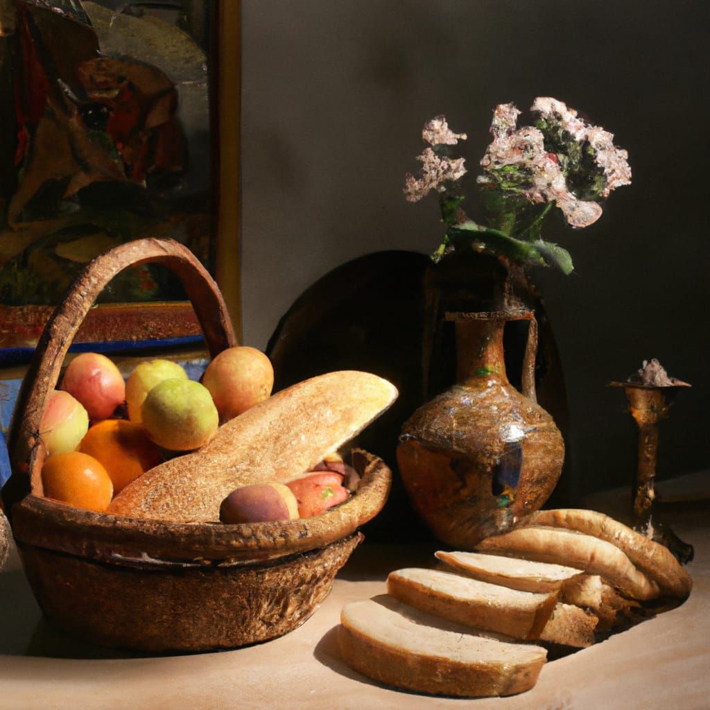 Still life painting of bread next to a basket of fresh fruit...