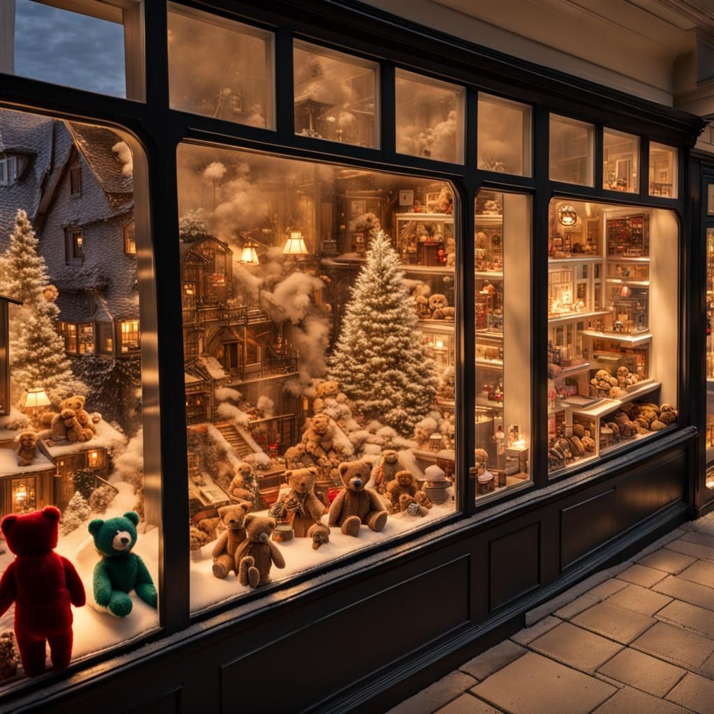 A Tod store window with a toy train winding its way between teddy bears, doll houses and model kits evening ...  by @Rukenstein