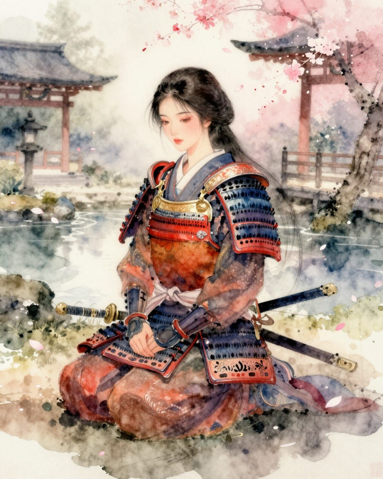 Watercolor Samurai Woman in Zen Garden