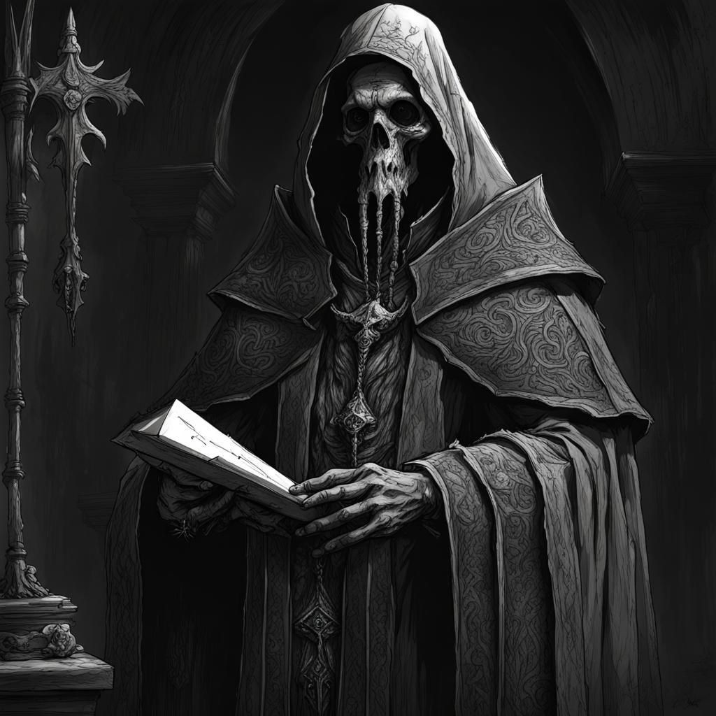 Dark, a lich, undead, cadaverous, ecclesiastical bishop's clothing ...